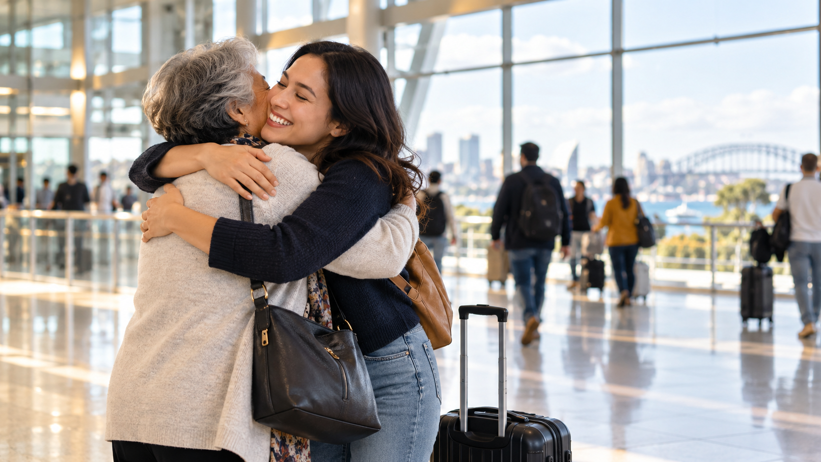 A woman embraces an older relative in a bright airport terminal as travellers move through the concourse behind them.