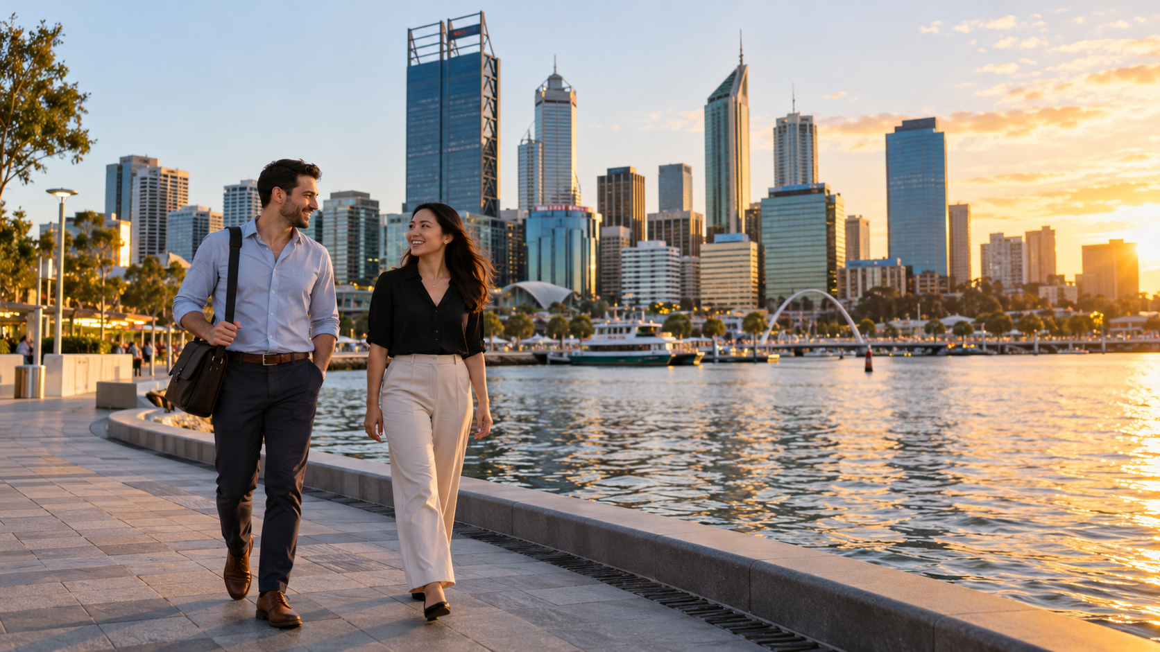 Two professionals walk beside Perth waterfront with the city skyline behind them at sunset.