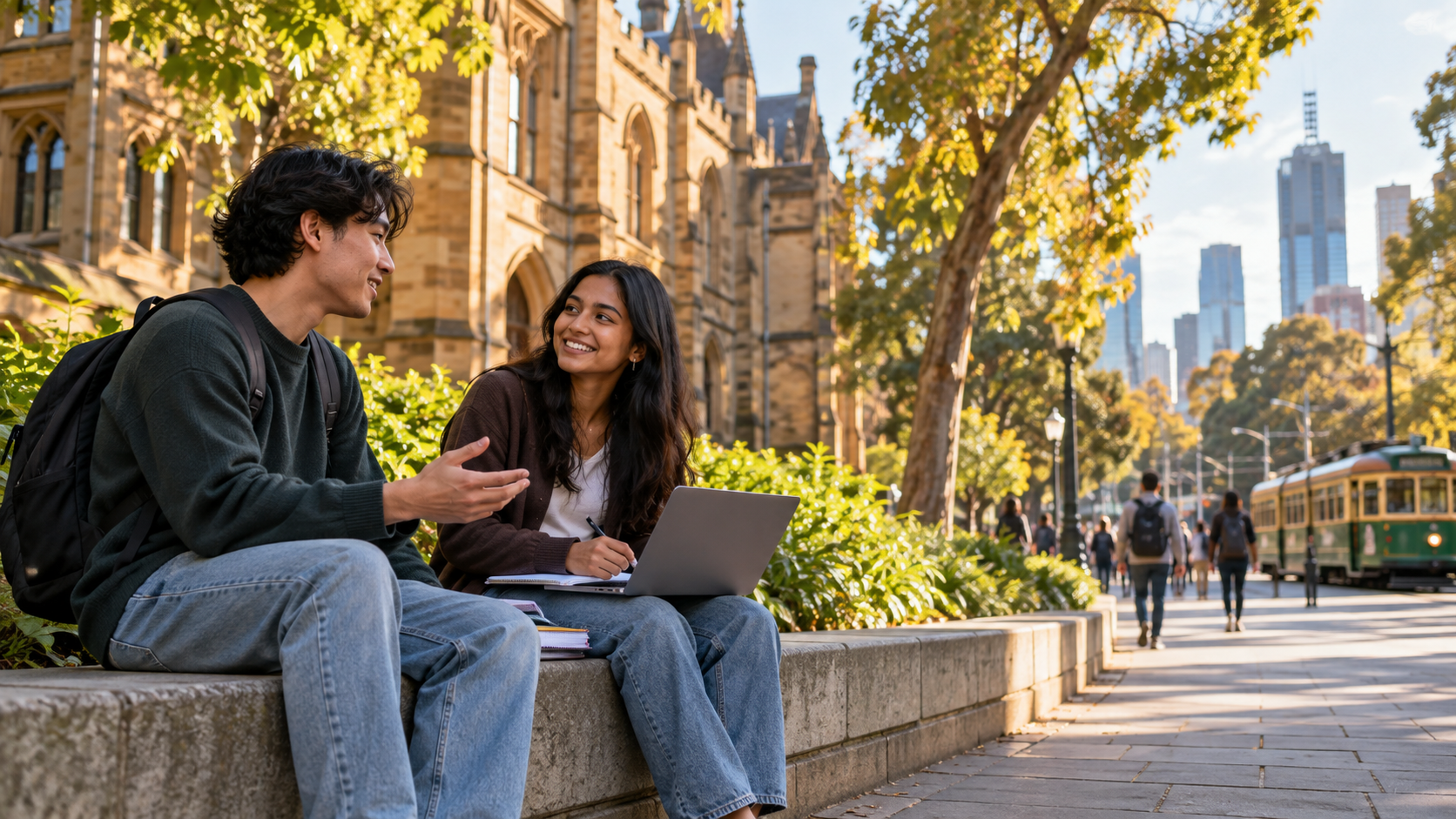 Two university students talk on a Melbourne campus as a green tram passes in the background.