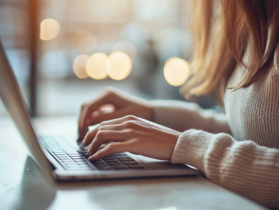 Person typing on a laptop while preparing documents
